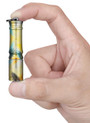 Olight i3E EDC Palm Breeze Keychain Flashlight, small palm-sized yellow flashlight with tropical leaf pattern, held between thumb and index finger.