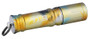 Olight i3E EDC Palm Breeze Keychain Flashlight, compact portable LED flashlight with tropical palm leaf pattern in yellow and blue, includes keyring for easy attachment.