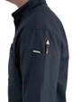 Iron & Haft Tradesman Short Sleeve Stretch Canvas Work Shirt, navy blue work shirt with a pen pocket on the sleeve holding a pencil and a marker.