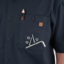 Iron & Haft Tradesman Short Sleeve Stretch Canvas Work Shirt, close-up of chest pocket holding a black and pink pencil, containing a brown leather label and metal screws.