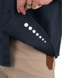 Iron & Haft Tradesman Short Sleeve Stretch Canvas Work Shirt, close-up of the sleeve with size measurement stickers, navy blue color.