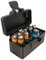 LAPG Battery Storage Box TDP-SQBATTHOLDER, compact black plastic case with compartments holding AA and 9V batteries for organization and storage.