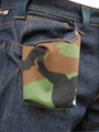 Kitanica American Jeans 301-KN, close-up of a camouflage-patterned pocket on dark denim jeans.