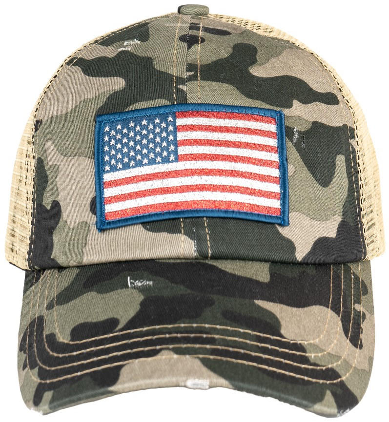 LAPG Women's Camo Shimmer Flag Patch Pony Tail Hat
