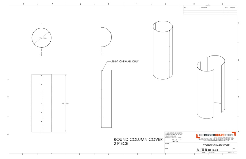 Drawing - 48in x 8in - 18ga, Round Stainless Steel Column Cover