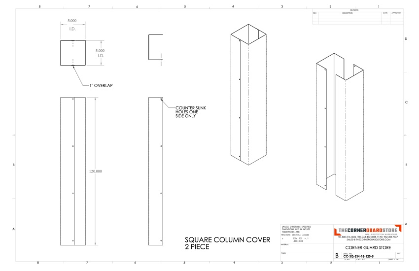 Drawing - 120in x 5in x 5in x 5in - 18ga, Square Stainless Steel Column Cover