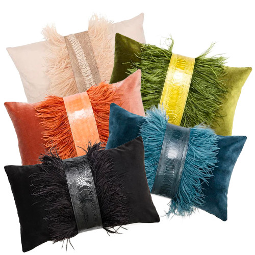 Ostrich Trim Velvet Decorative Pillow