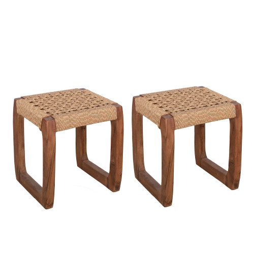 Woven Top Wood Stools- Set Of 2