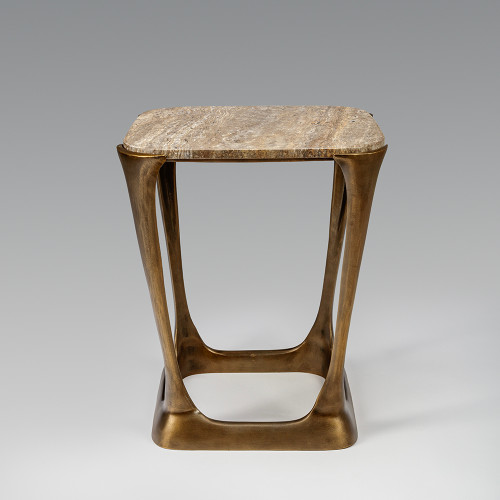 Travertine End Table- Antique Brass