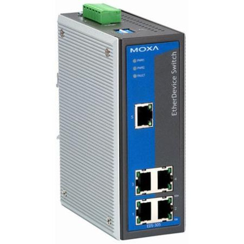 MOXA EDS-305 Industrial Unmanaged Ethernet Switch with 5x 10/100BaseT(X) Ports, Aluminum IP30 Enclosure.0 to 60deg C, 12-48VDC Redundant Dual Input