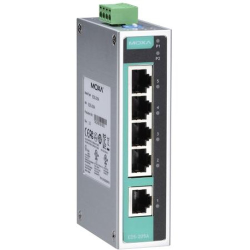 MOXA EDS-205A Rugged Unmanaged Ethernet Switch with Aluminum IP30 Enclosure, 5x 10/100BaseT(X) Ports, -10 to 60deg C.9.60-60VDC or 18-30VAC Input