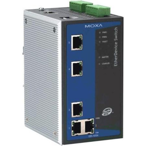 MOXA EDS-505A Industrial Managed Ethernet Switch with 5x 10/100BaseT(X) Ports, CLI Interface, IPv6, Dhcp.IP30, 0-60C, 12-45VDC Redundant Dual Input