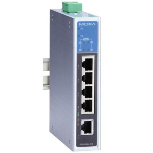 MOXA EDS-G205A-4POE 5 Port Unmanaged Poe+ Switch.5 10/100/1000BaseT Ports, Aluminum IP30 Enclosure.0 to 60C Temperature Range.24-48VDC Input