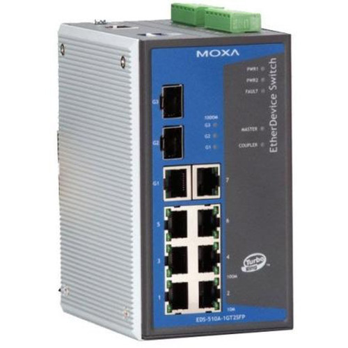 MOXA EDS-510A-1GT2SFP Industrial Managed Ethernet Switch with 10 Ports Including 7x10/100 1xGigE, 2SFP, CLI Interface, IPv6, Dhcp, 12-45VDC Redundant