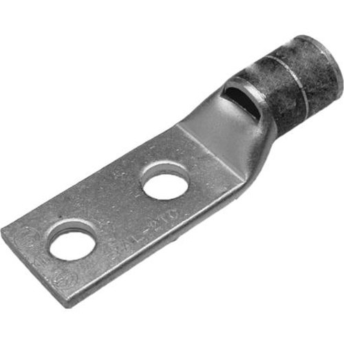BURNDY YA2CL2TC516 Copper Compression Lug, 2 Hole W/o Inspection Window, 2 Awg, 5/16" Stud, 1" Stud Hole Spacing, Short Barrel, Tin Plated