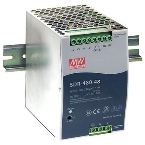MEANWELL SDR-480-48 Single Output Industrial DIN Rail Power Supply with PFC Function.90-264 VAC or 124-370 Vdc.48V, 10 Amp Output