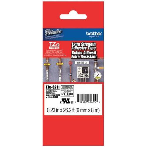 BROTHER TZES211 6mm (0.23") Black on White Tape with Extra Strength Adhesive 8m (26.2 Ft) for Use with All TZ Machines