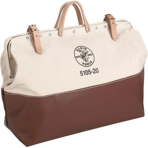 KLEIN 5105-24 20" Canvas Tool Bag.No.8 White Canvas, Bottom & 8"side Covered with Naugahyde, Steel Frame Mouth, Leather Handles.20"Hx24"Lx6"W