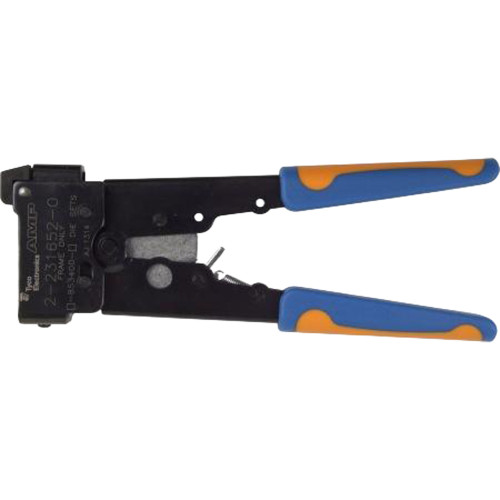 Cambium WB3211A Tyco/AMP ratchet crimp tool with blue and orange ergonomic handles, black AMP die installed in the jaws, for RJ45 modular plug connectors
