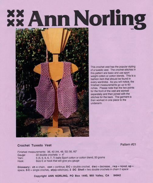 Ann Norling Pattern - #21 Crochet Tuxedo Vest