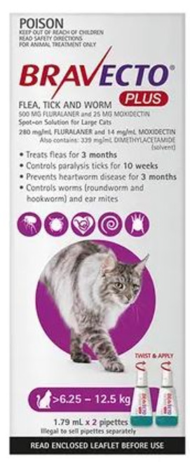 Bravecto Plus Purple Spot-On Cat 6.25kg - 12.5kg (2 tubes)