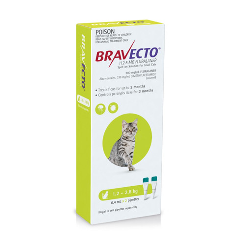 Bravecto For Cats Spot-On 1.2 to 2.8kg 2-Pack [Green] (Expires END of June 2024)