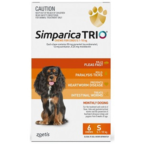 Simparica trio for Dogs between 5.1 - 10kg, Orange Packet, 6 pack. All-in-one parasite protection for dogs, Dog intestinal worm treatment, Dog heartworm prevention, Flea and tick control for dogs Parasite treatment for dogs, Dog parasite control