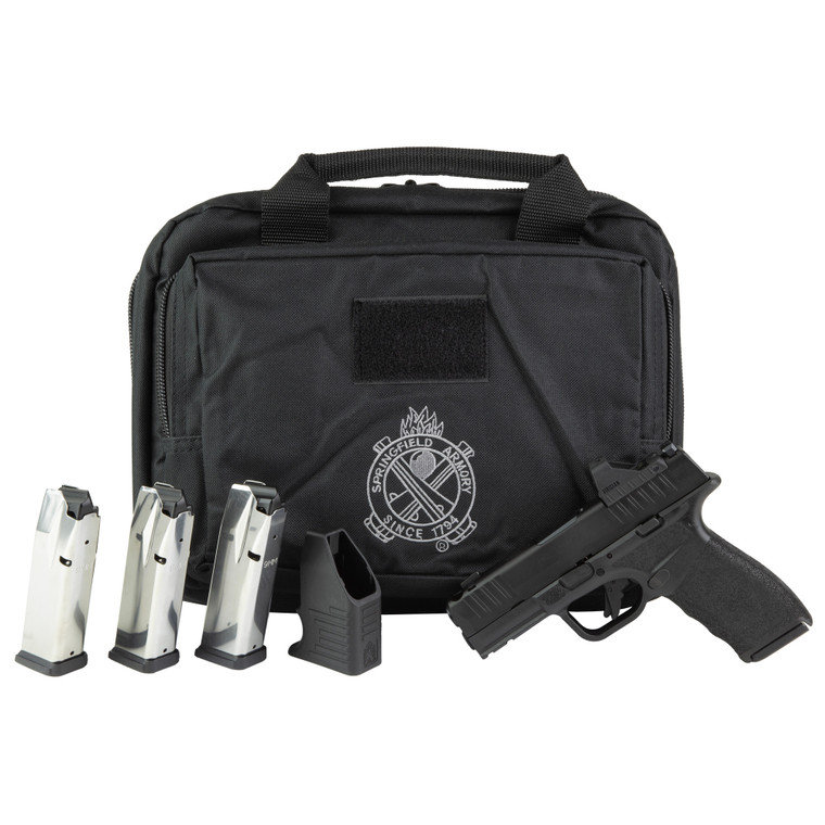 Springfield Armory HCP9379BOSP15COMPAC Hellcat Pro Comp OSP Gear Pac 9mm Luger 15+1 3.70" Black Melonite Barrel & Steel Integrated Compensator/Optic Ready/Serrated Slide, Black Polymer Frame w/Picatinny Rail, Textured Grip, Viridian RFX-11 Green Dot