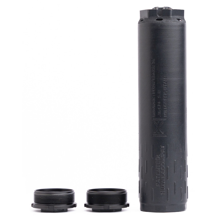 HUXWRX Safety Co., Flow Range 36 Ti, Suppressor, 36 Caliber, C-Series Cerakote Finish, Black, Titanium Construction, Includes 1/2x28 and 5/8x24 Direct Thread Mounts