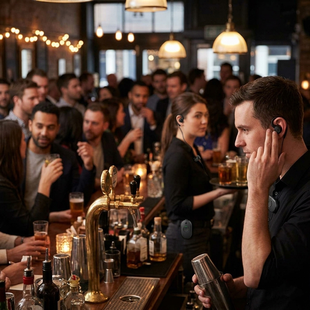 Bartenders and Servers Using Walkie Talkies in a Busy Bar
