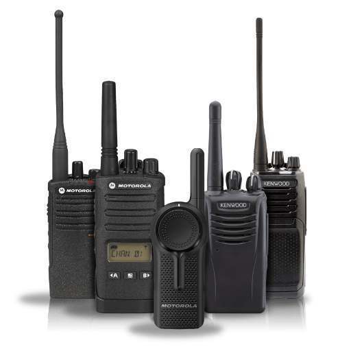 A display of the different walkie talkie series offered by Motorola