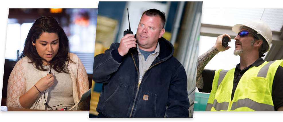 People in different industries using walkie talkies