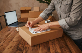 Person placing shipping label on box