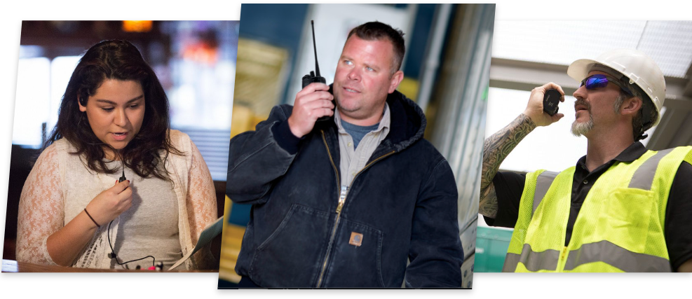 People in different industries using walkie talkies