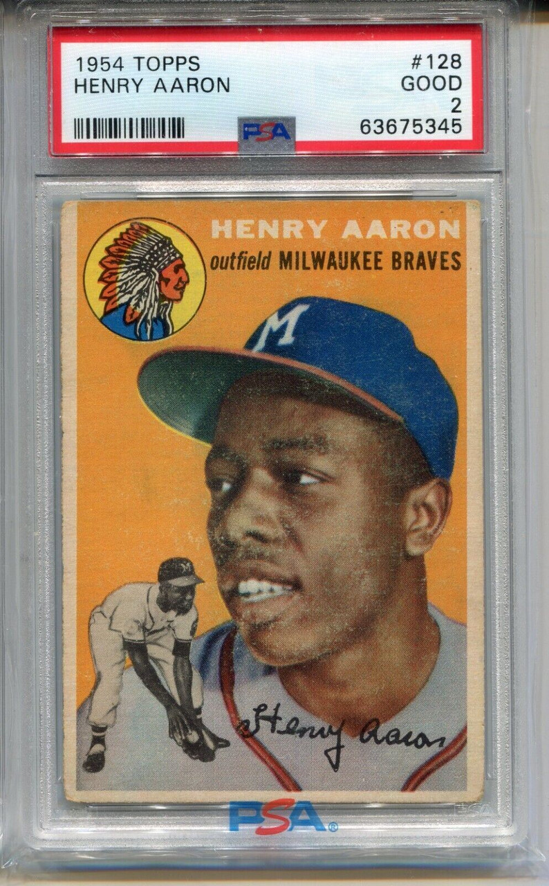 Sold at Auction: 1954 Topps Hank Aaron Rookie Card #128, SGC 2 Good