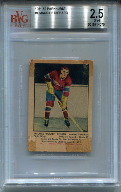 1951 Parkhurst Hockey #4 Maurice Richard Rookie Card Graded BVG 2.5