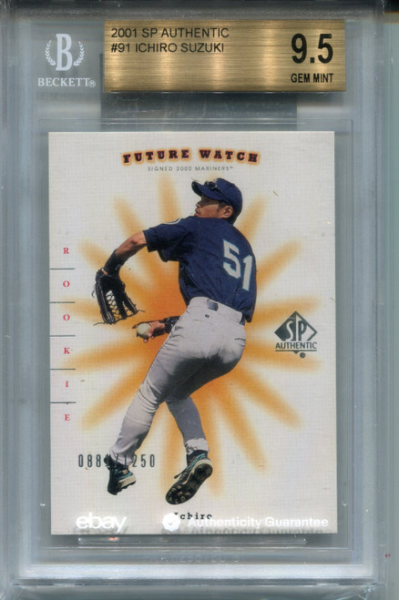 2001 SP Authentic Ichiro Suzuki Rookie Card BGS 9.5 10 Centering Graded #91 2001 SP Authentic Ichiro Suzuki Rookie Card BGS 9.5 10 Centering Graded #91