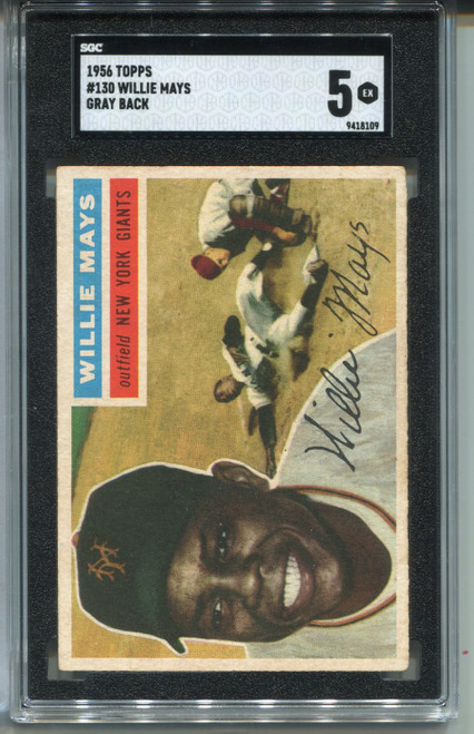 1956 Topps Willie Mays Card SGC 5 Graded Basball #130 Gray Back Centered