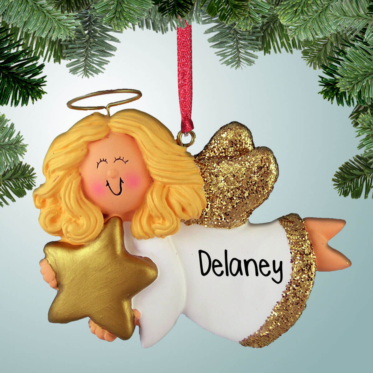 Angel with Star Female Blonde Personalized Christmas Tree Ornament