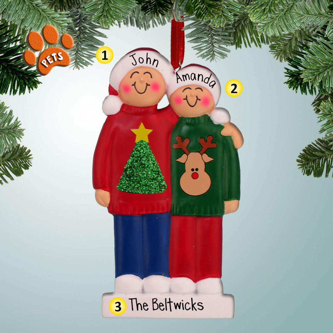 Ugly Sweater Penguin Couple Personalized Christmas Tree Ornament