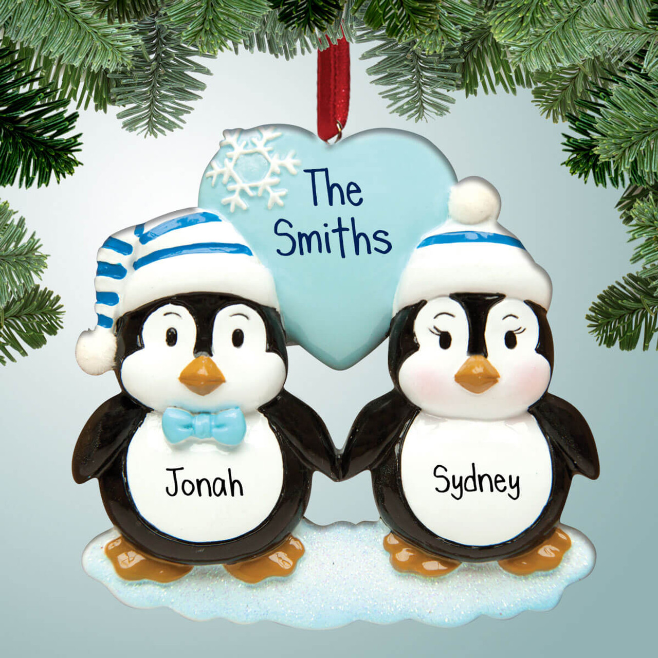 Personalized Penguin Couple with Blue Heart Christmas Ornament