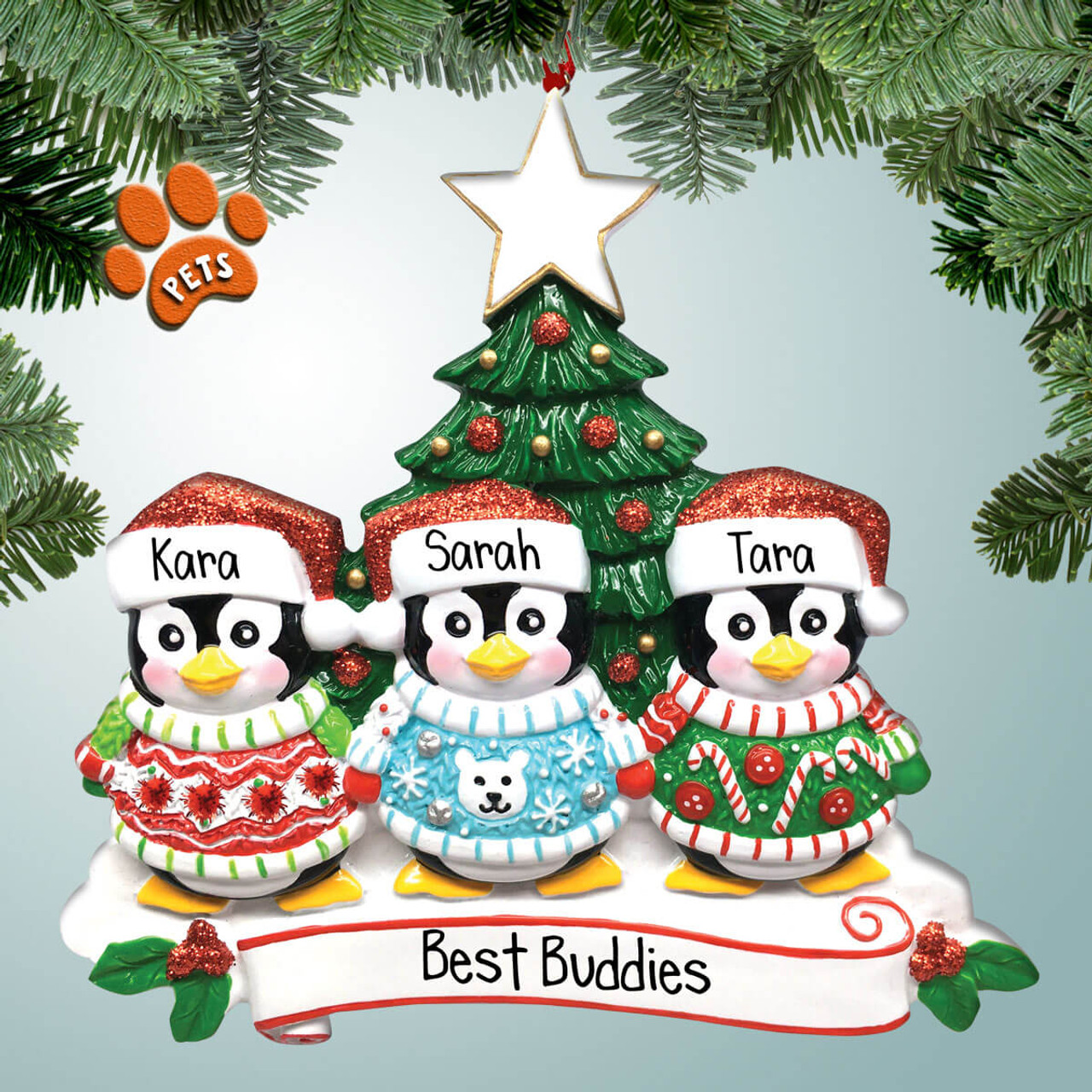 Ugly Sweater Penguin Couple Personalized Christmas Tree Ornament