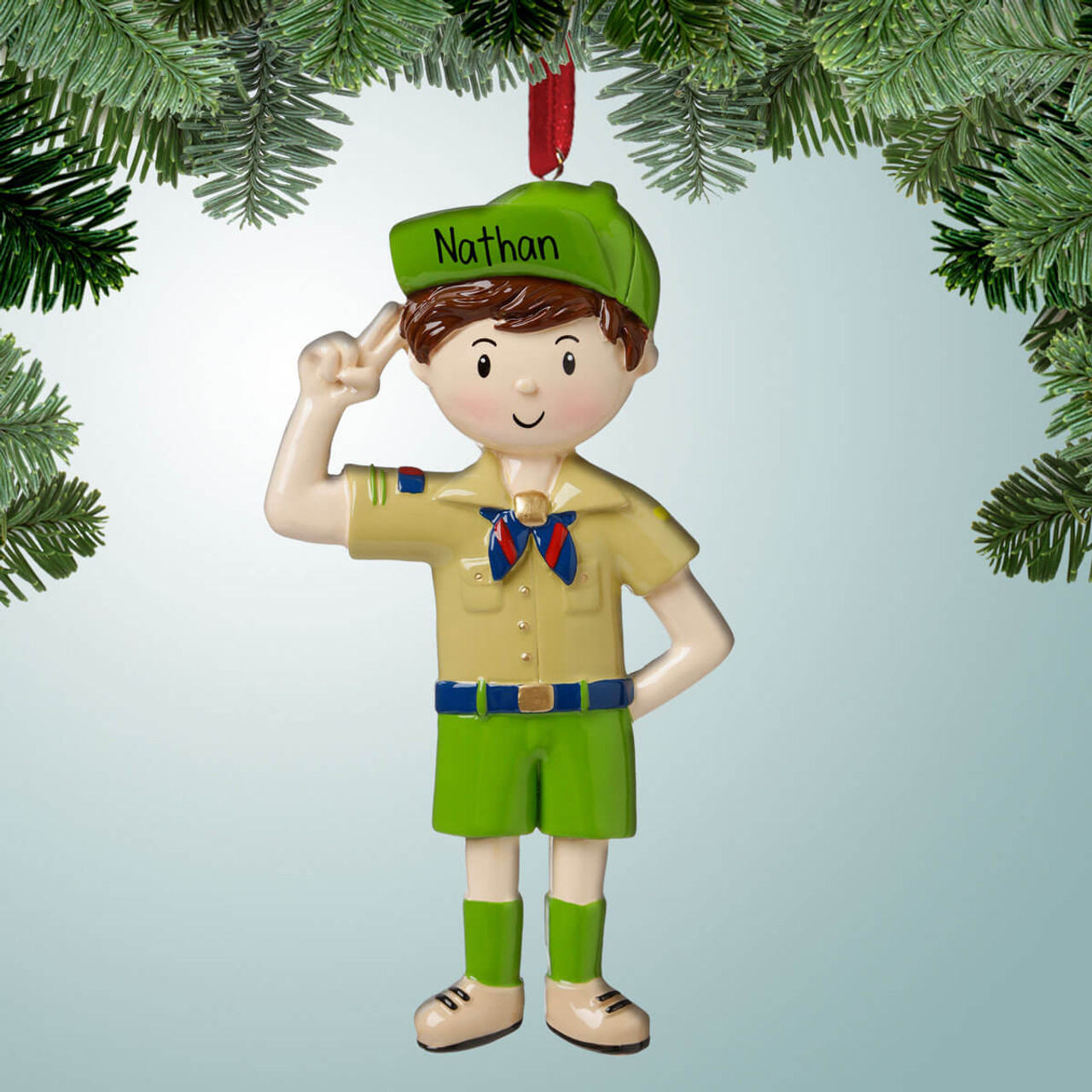  Personalized Boy Scouts Christmas Ornament - Scouts of America  Khaki Tan Youth Scout or Scout Leader Uniform with Neck Slide and Badges  Christmas Tree Ornament with Custom Name : Home 