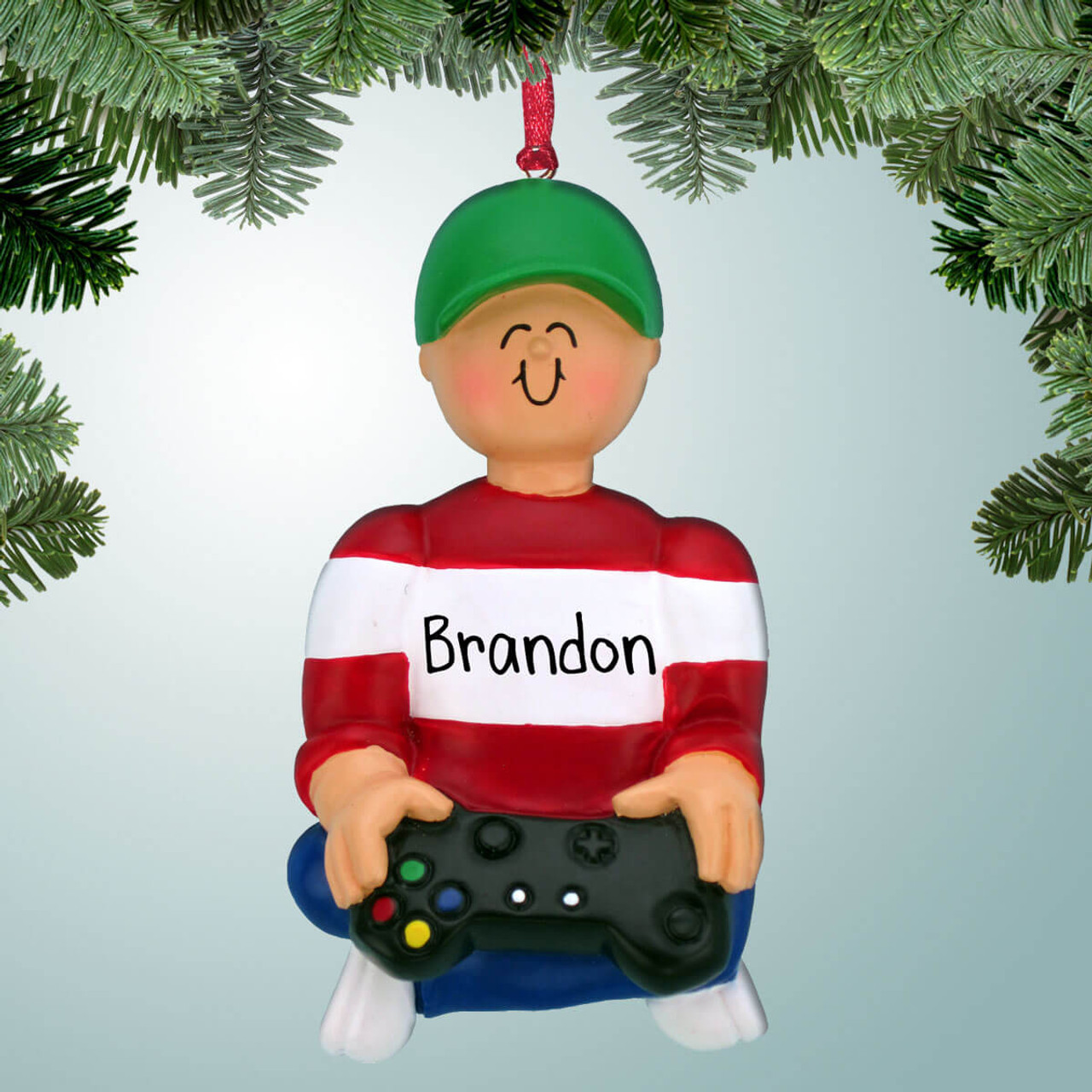 Personalized Video Game Boy with Green Hat Christmas Ornament