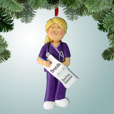 Christmas Ornament of Purple Scrubs Nurse - Female Blonde Christmas Ornament of Purple Scrubs Nurse - Female Blonde