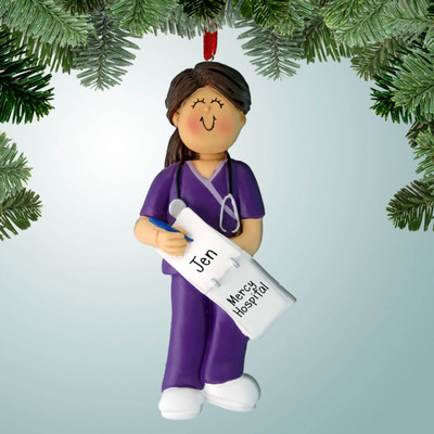 Christmas Ornament of Purple Scrubs Nurse - Female Brown Christmas Ornament of Purple Scrubs Nurse - Female Brown