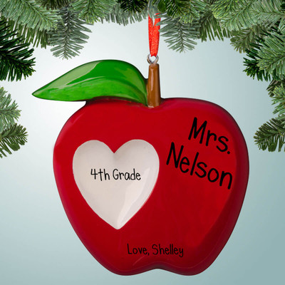 Christmas Ornament of Large Teacher's Apple with White Heart Christmas Ornament of Large Teacher's Apple with White Heart