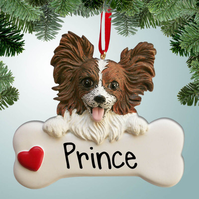 Christmas Ornament of Papillon Dog on Bone Christmas Ornament of Papillon Dog on Bone