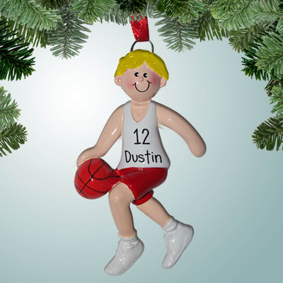 Christmas Ornament of Basketball Boy Red - Blonde Hair Christmas Ornament of Basketball Boy Red - Blonde Hair