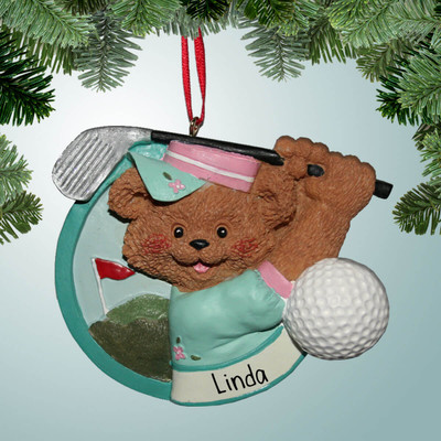 Christmas Ornament of Golfing Bear w/Big Golf Ball  - Female